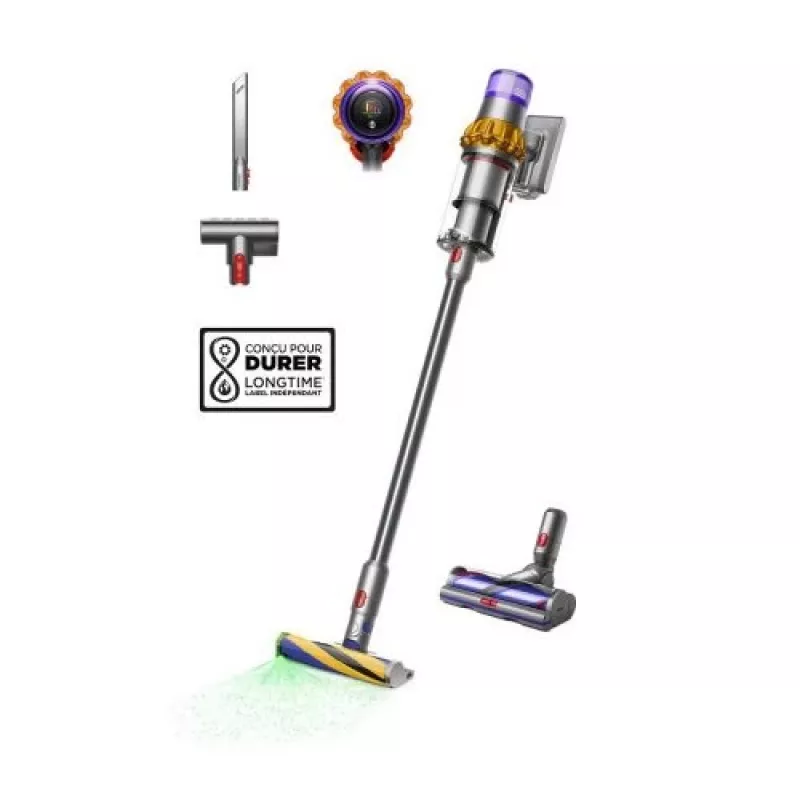 Aspirador sem fio Dyson V15 Detect Absolute, aço inoxidável, 240AW, ecrã LCD, 60min de autonomia