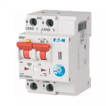 Dispositivo de proteção contra arco elétrico Eaton AFDD-10/2/B/003-A com RCBO, 2 polos, 10 A, 30 mA, Tipo A, 230 V, 6 kA, calha DIN, 2 módulos