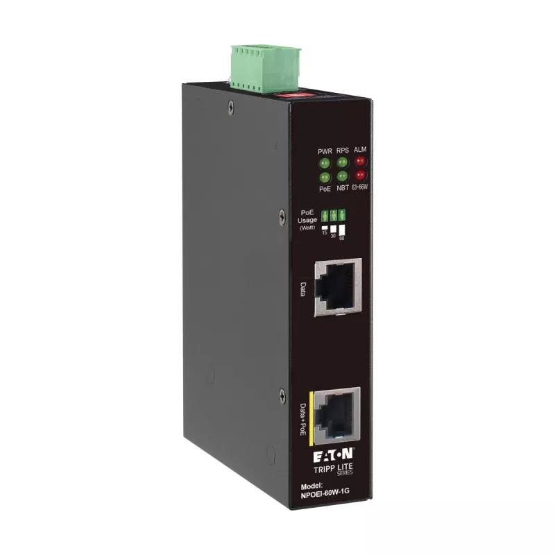 Injetor PoE++ Gigabit industrial Eaton Tripp Lite Series, 60W, 802.3bt, Midspan, -40°C a 75°C, IP30, Dual 24-57VDC, calha DIN, 1 porta, preto