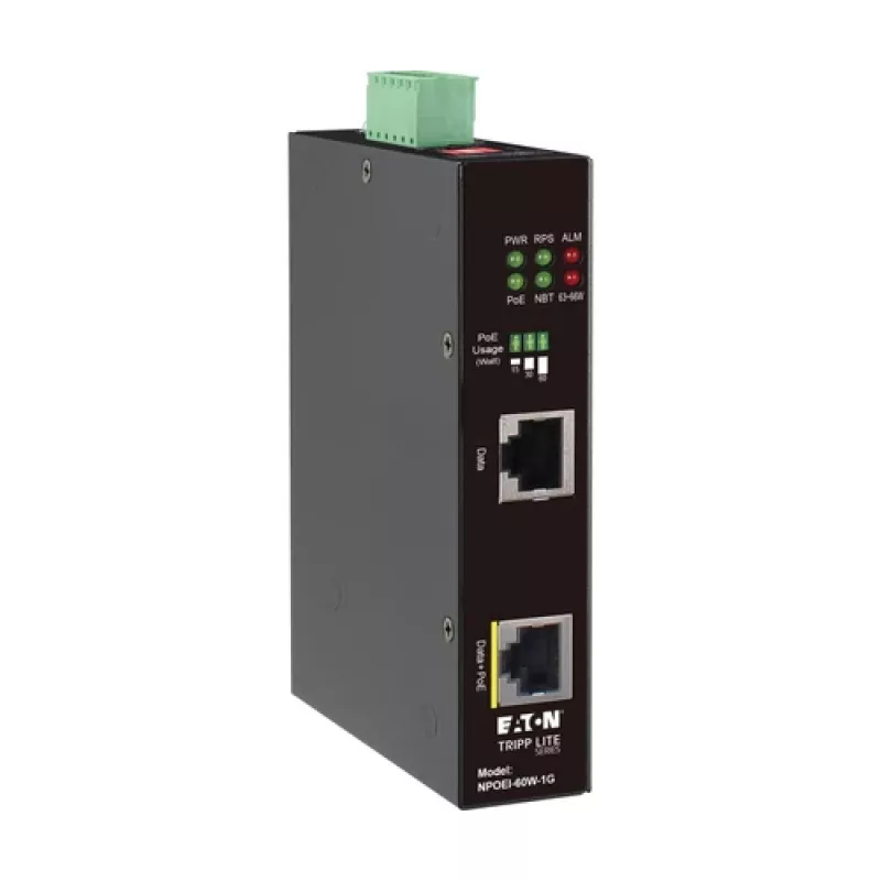 Injetor PoE++ Gigabit industrial Eaton Tripp Lite Series, 60W, 802.3bt, Midspan, -40°C a 75°C, IP30, Dual 24-57VDC, calha DIN, 1 porta, preto