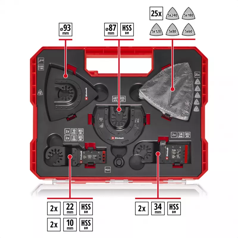 Einhell 708135 XL-PLUS-CASE Conjunto de acessórios para ferramenta multifunções BiM HSS, 10 peças