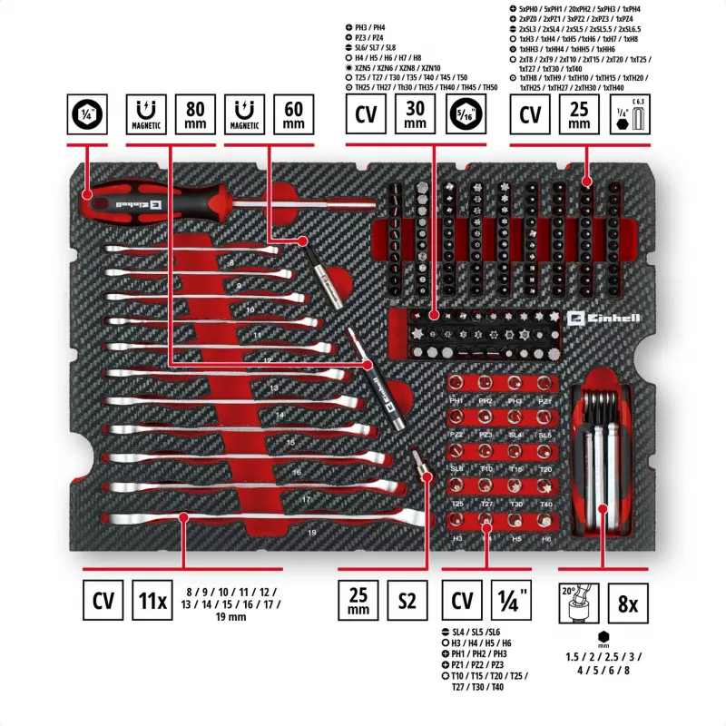 Einhell E-Case conjunto de ferramentas de mecânico 201 peças (aço cromo-vanádio, empilhável) (370513)