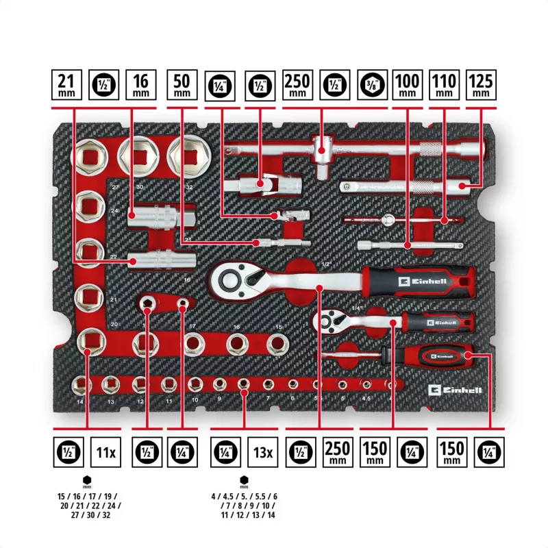 Einhell E-Case conjunto de ferramentas de mecânico 201 peças (aço cromo-vanádio, empilhável) (370513)