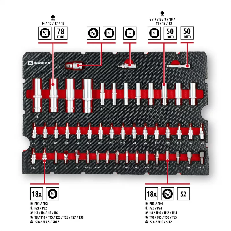 Einhell E-Case conjunto de ferramentas de 92 peças (370514) - aço cromo-vanádio, preto/vermelho