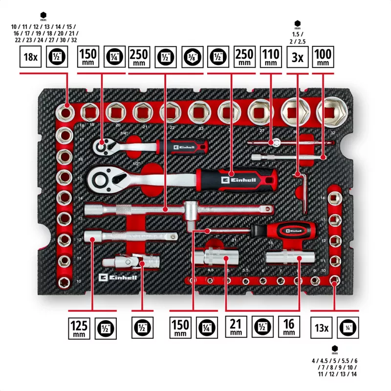 Einhell E-Case conjunto de ferramentas de 92 peças (370514) - aço cromo-vanádio, preto/vermelho