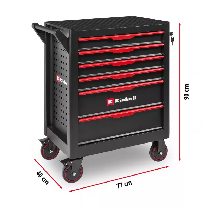Carrinho de oficina EINHELL-KWB vazio, 6 gavetas (preto/vermelho, 4 gavetas rasas, 2 gavetas altas)