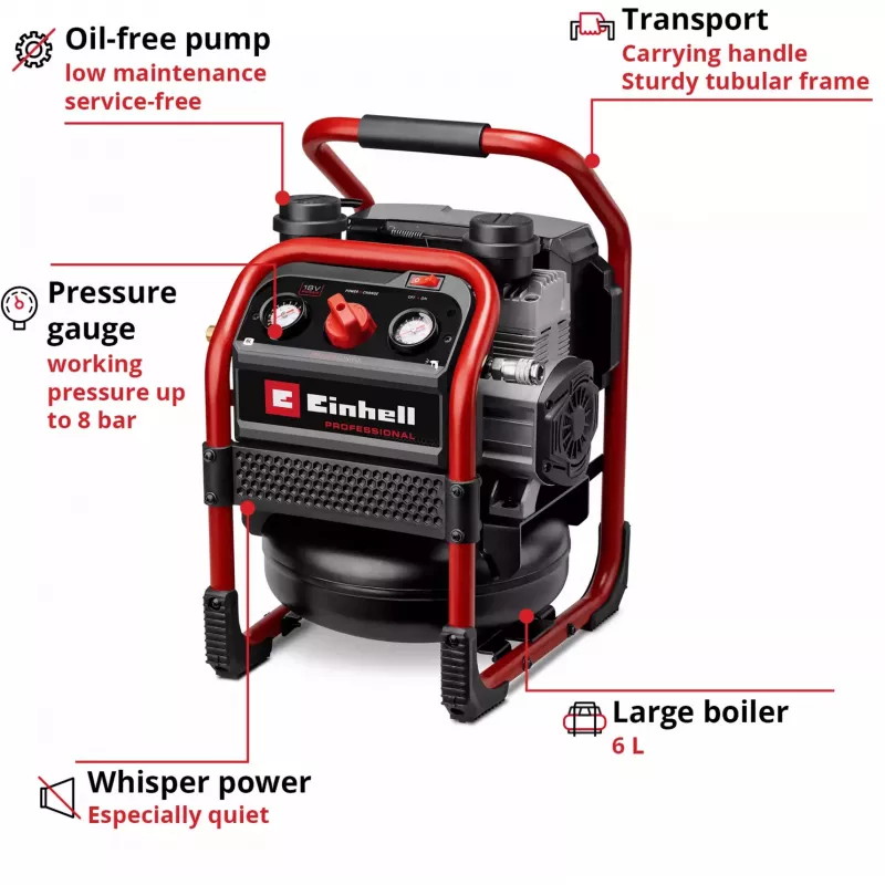 Compressor a bateria EINHELL Power X-Change SILENZZO 18/160, 18V (vermelho/preto, sem bateria e carregador)