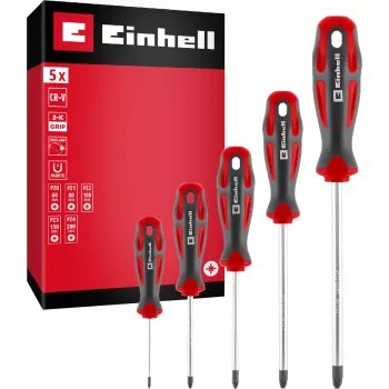 Einhell Conjunto de Chaves de Fendas PZ, 5 peças (vermelho/preto, cabos ergonómicos de dois componentes)