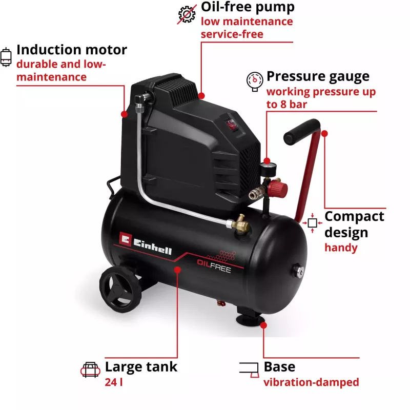 EINHELL TC-AC 190/24/8 I OF compressor sem óleo, 1100 W, depósito de 24 L, 8 bar, preto