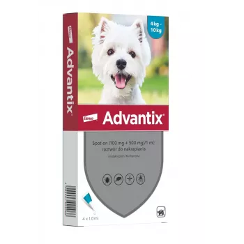 Solução spot-on ELANCO Advantix para cães pequenos 4-10 kg, 4 pipetas x 1 ml