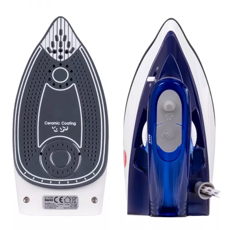 Ferro de engomar de viagem ELDOM DA50 900W azul com vapor, cabo dobrável, base antiaderente, depósito 40ml