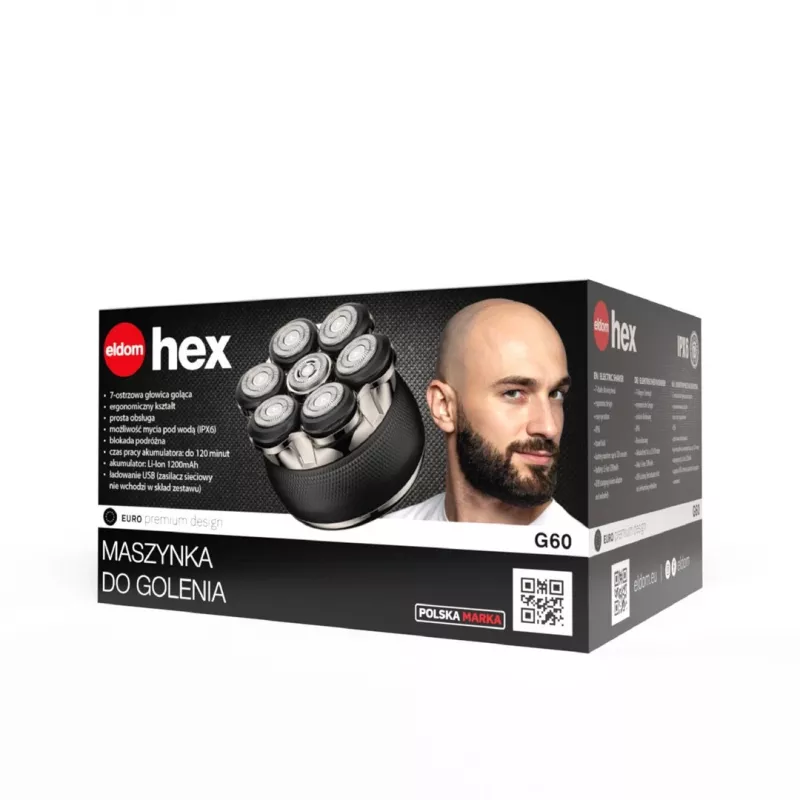 ELDOM G60 Máquina de barbear elétrica para rosto e cabeça, 7 lâminas, ecrã LED, bloqueio de viagem, IPX6, 120 min de autonomia