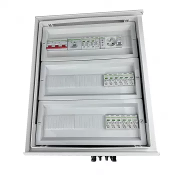 EMITER EM-854N Caixa combinadora solar fotovoltaica DCAC hermética IP66 com proteção contra sobretensão DC e AC, 5 entradas String, 5 MPPT, 100A 3 fases