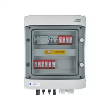 Quadro elétrico EMITER ligado DCAC Hermetic IP65 EMITTER com descarregador de sobretensão DC Dehn 1000V Tipo 2, 2 x PV-String, 2 x MPPT // og. AC Dehn Tipo 2, 16A 3-Ph, RCD Tipo A 40A/300mA