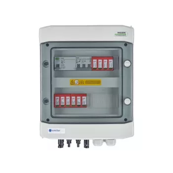 Quadro elétrico EMITER DC/AC hermético IP65 EMITTER com para-raios DC Dehn 1000V Tipo 2, 2 x string PV, 2 x MPPT // e AC Dehn Tipo 2, 10A 3 fases, RCD Tipo A 40A/300mA