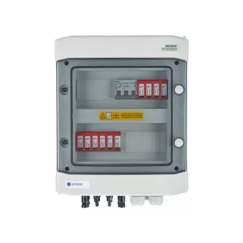 Quadro elétrico EMITER ligado DCAC hermético IP65 EMITER com para-raios DC Dehn 1000V Tipo 2, 2 x string PV, 2 x MPPT // e AC Dehn Tipo 2, 10A 3-F