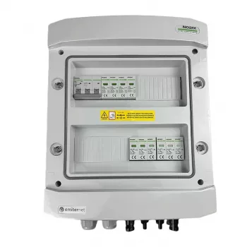Quadro elétrico EMITER ligado DCAC hermético IP65 com descarregador de sobretensão DC Noark 1000V Tipo 2, 2 x string PV, 2 x MPPT // AC Noark Tipo 2, 10A 3 fases