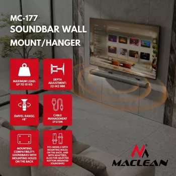 EOF Maclean MC-177 Suporte de parede para soundbar, aço, preto, inclinação +8° a -8°, máx. 10 kg