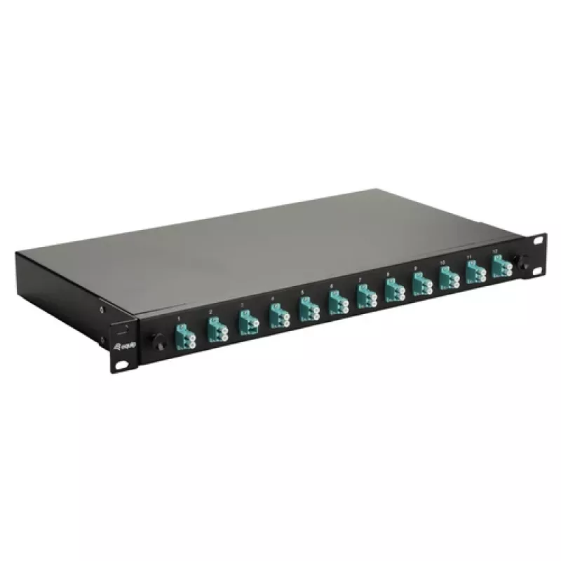 Caixa de fusão de fibra ótica Equip de 12 portas, LC duplex, OM3, 1U, equipada, preta