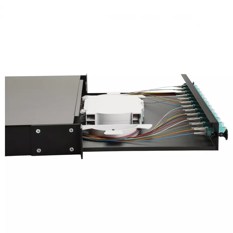 Caixa de fusão de fibra ótica Equip de 12 portas, LC duplex, OM3, 1U, equipada, preta