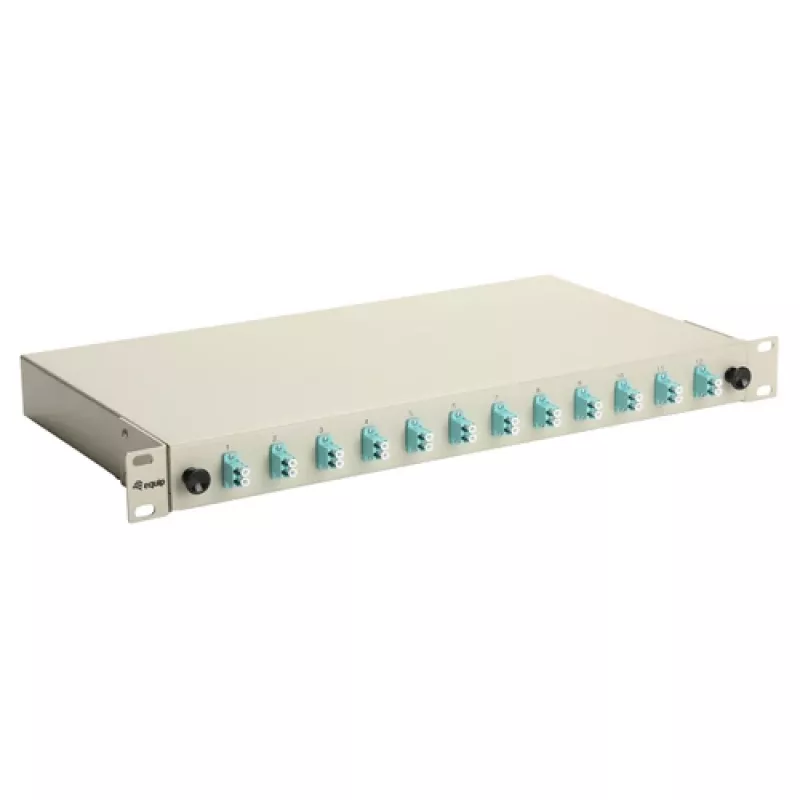 Caixa de fusão de fibra ótica Equip 12 portas, LC Duplex, OM3, 1U, equipada, cinzento