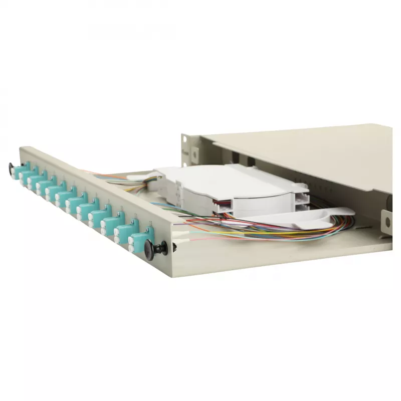 Caixa de fusão de fibra ótica Equip 12 portas, LC Duplex, OM3, 1U, equipada, cinzento