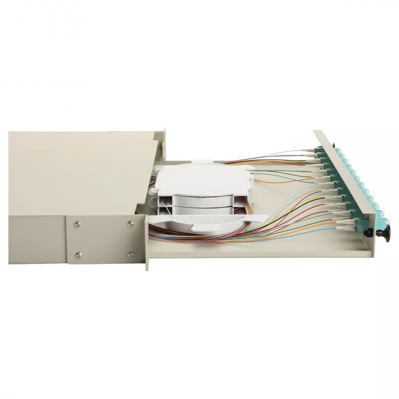 Caixa de fusão de fibra ótica Equip 12 portas, LC Duplex, OM3, 1U, equipada, cinzento
