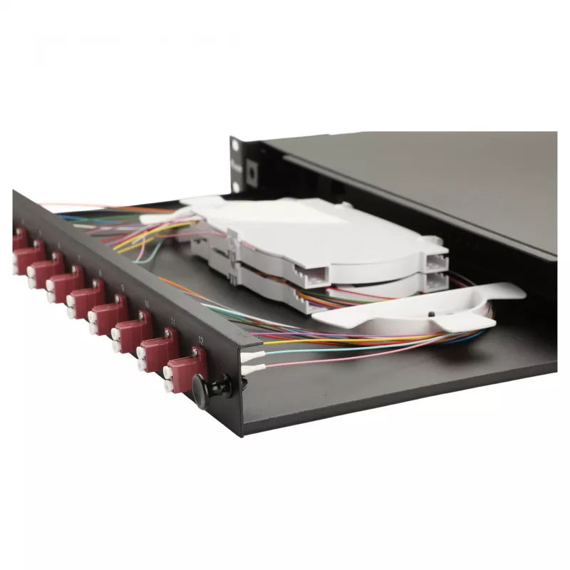 Caixa de Fusão de Fibra Ótica Equip 12 Portas, LC Duplex, OM4, 1U, equipada, preta
