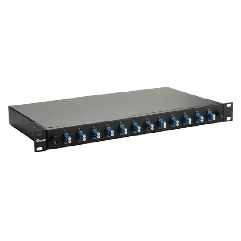 Caixa de fusão de fibra ótica Equip 12 portas, LC Duplex, OS2 monomodo, montagem em rack 1U, equipada, preto