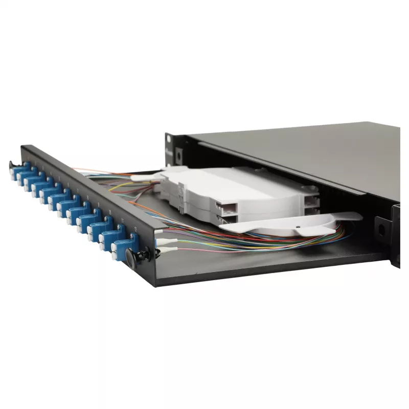 Caixa de fusão de fibra ótica Equip 12 portas, LC Duplex, OS2 monomodo, montagem em rack 1U, equipada, preto