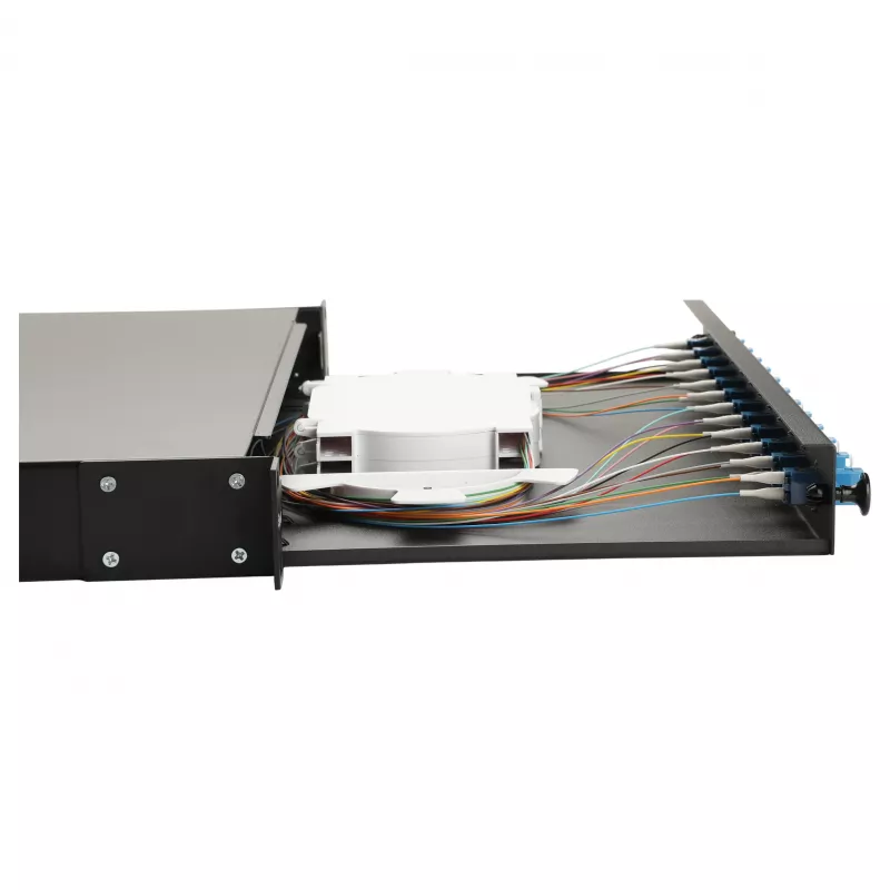 Caixa de fusão de fibra ótica Equip 12 portas, LC Duplex, OS2 monomodo, montagem em rack 1U, equipada, preto