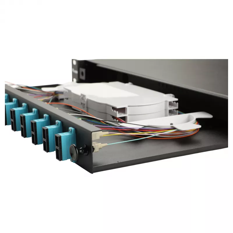 Caixa de fusão de fibra ótica Equip 12 portas, SC duplex, OM3, 1U, equipada, preto