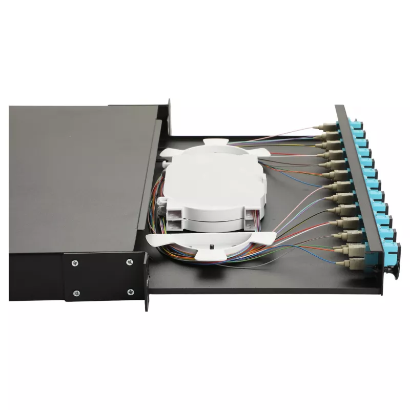 Caixa de fusão de fibra ótica Equip 12 portas, SC duplex, OM3, 1U, equipada, preto