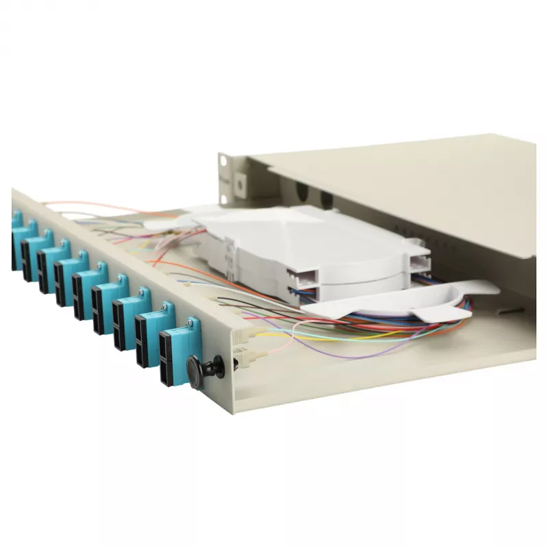 Caixa de fusão de fibra ótica Equip 12 portas, SC duplex, OM3, 1U para rack, equipada, cinzento
