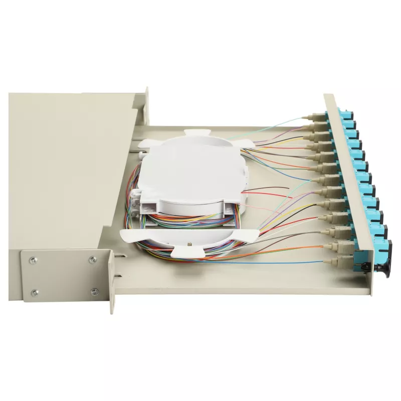 Caixa de fusão de fibra ótica Equip 12 portas, SC duplex, OM3, 1U para rack, equipada, cinzento