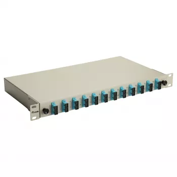 Caixa de fusão de fibra ótica Equip 12 portas, SC duplex, OM3, 1U para rack, equipada, cinzento