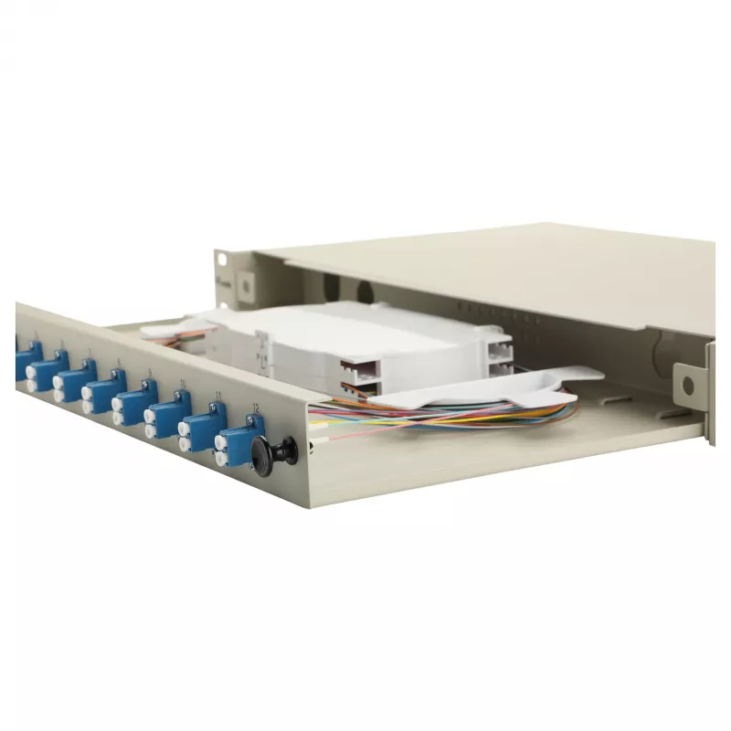 Caixa de fusão de fibra ótica Equip 12 portas LC duplex OS2, 1U para rack, cinzento