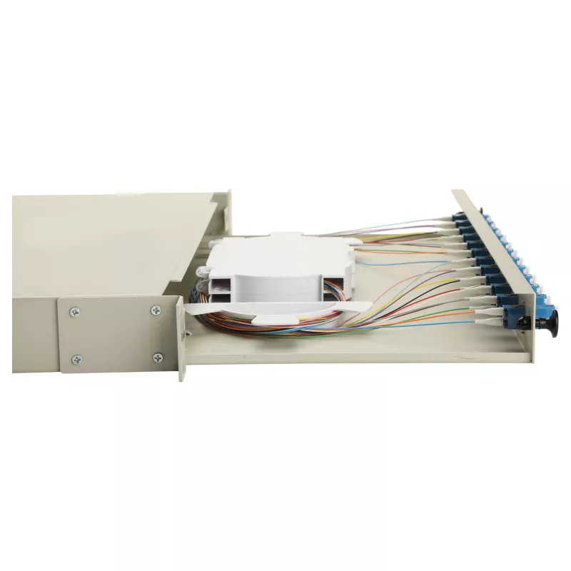 Caixa de fusão de fibra ótica Equip 12 portas LC duplex OS2, 1U para rack, cinzento