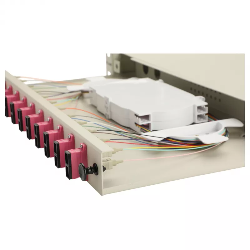 Caixa de fusão de fibra ótica Equip 12 portas SC Duplex OM4, 1U, totalmente equipada, cinzento