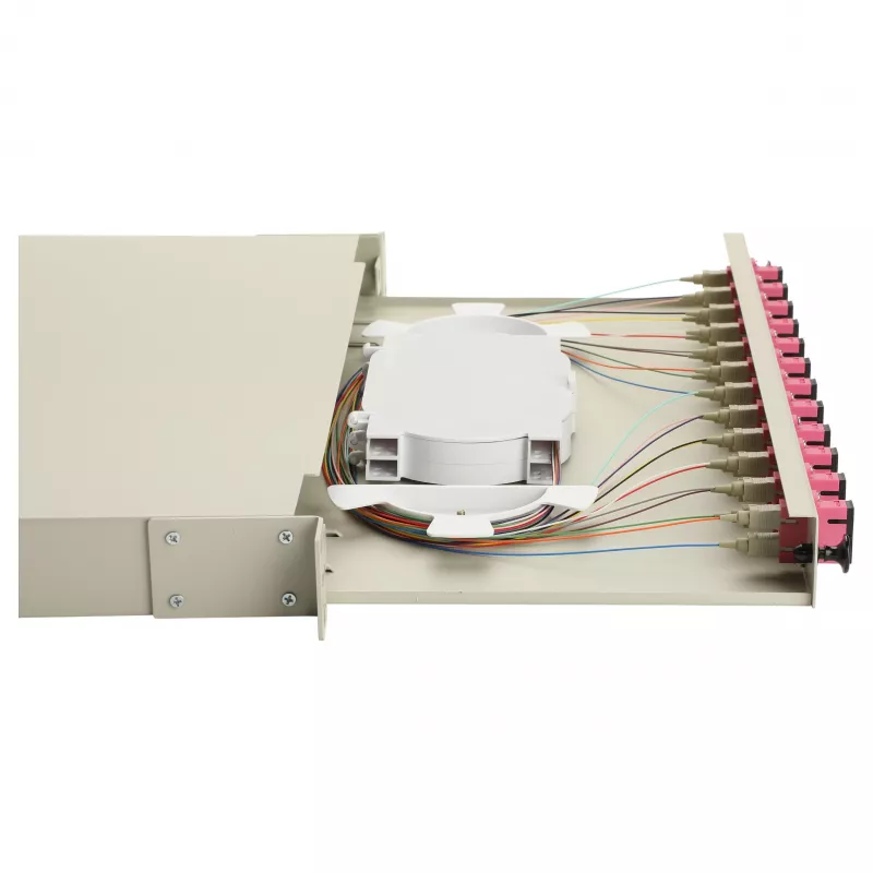 Caixa de fusão de fibra ótica Equip 12 portas SC Duplex OM4, 1U, totalmente equipada, cinzento