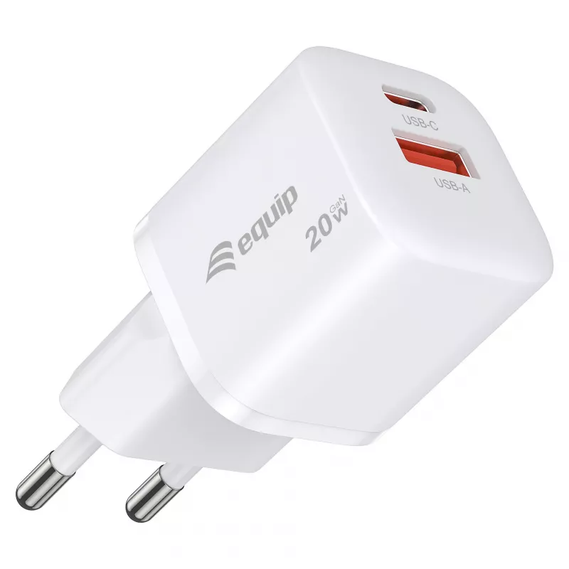 Equip Carregador de parede GaN de 2 portas USB-C PD3.0/USB-A 20W, Branco, embalagem de 25 unidades