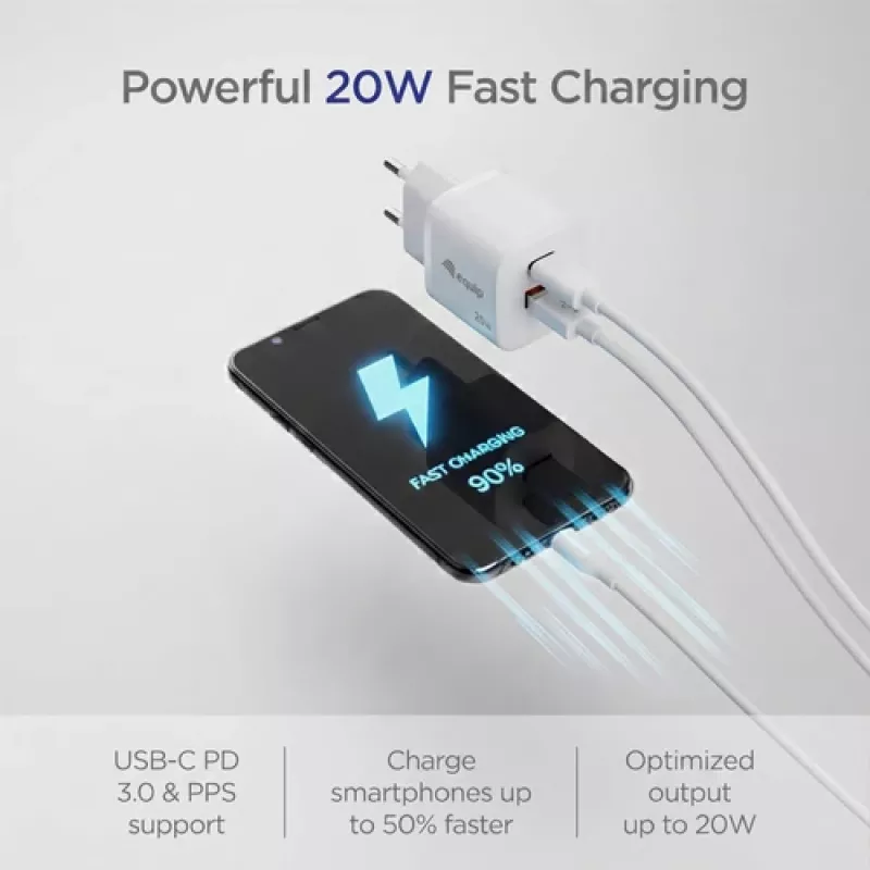 Equip Carregador de parede GaN de 2 portas USB-C PD3.0/USB-A 20W, Branco, embalagem de 25 unidades