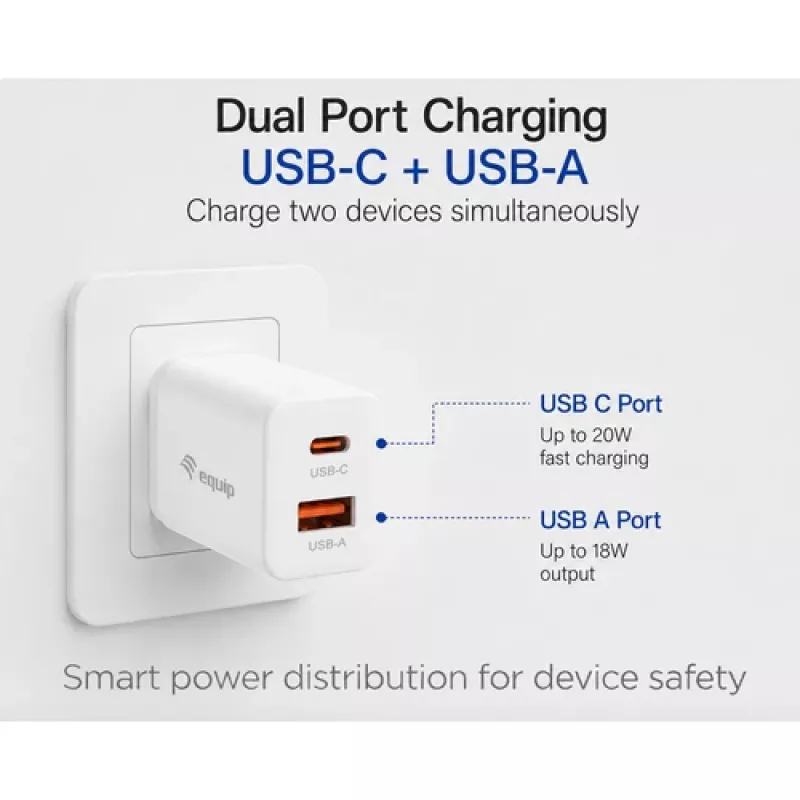 Equip Carregador de parede GaN de 2 portas USB-C PD3.0/USB-A 20W, Branco, embalagem de 25 unidades