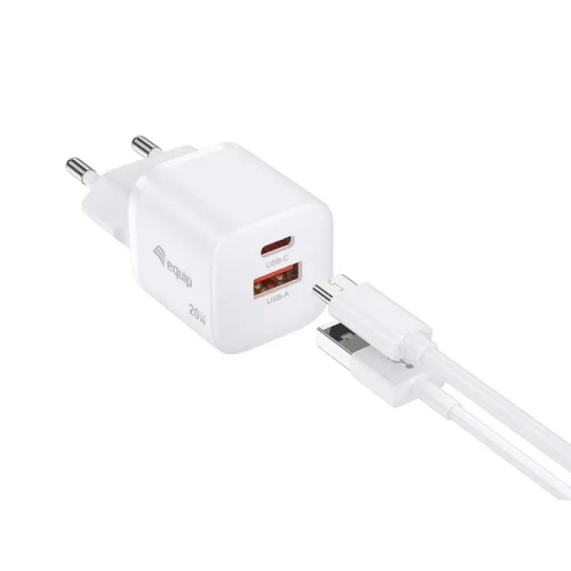 Equip Carregador de parede GaN de 2 portas USB-C PD3.0/USB-A 20W, Branco, embalagem de 25 unidades