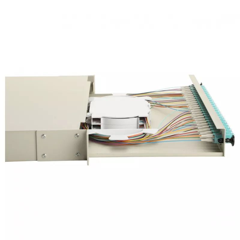 Equip caixa de fusão de fibra ótica de 24 portas, LC Duplex, OM3, 1U, equipada, cinzento