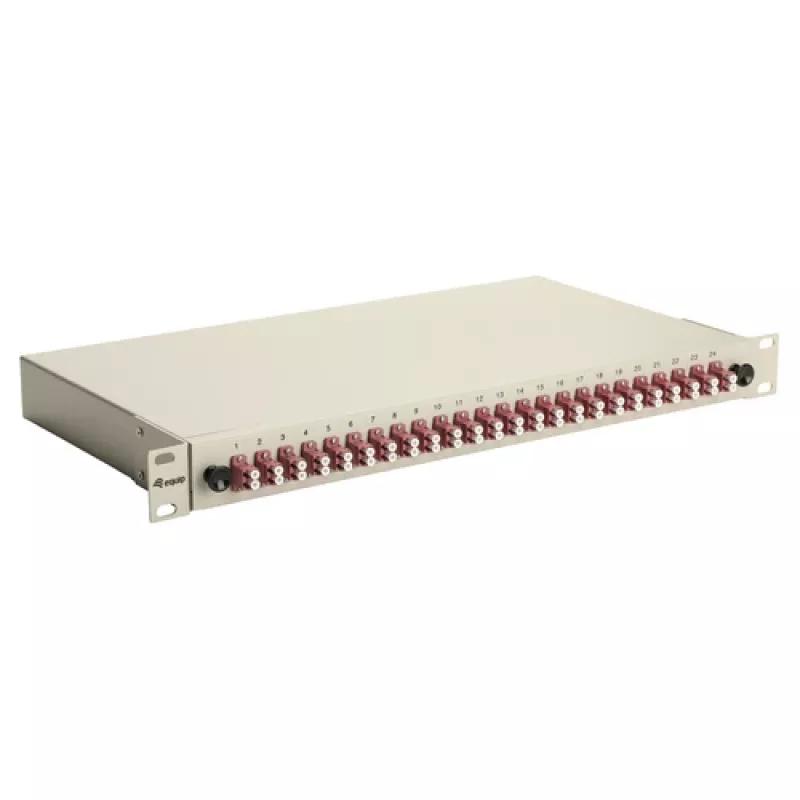 Caixa de fusão de fibra ótica Equip 24 portas, LC Duplex, OM4, 1U, equipada, cinzento