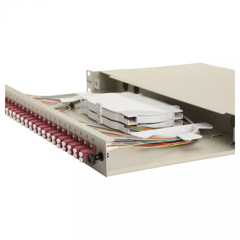 Caixa de fusão de fibra ótica Equip 24 portas, LC Duplex, OM4, 1U, equipada, cinzento