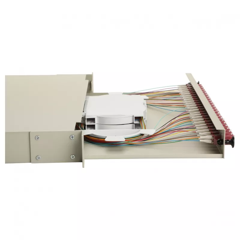 Caixa de fusão de fibra ótica Equip 24 portas, LC Duplex, OM4, 1U, equipada, cinzento