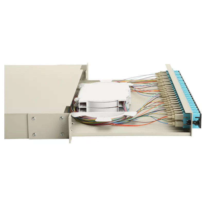 Equip caixa de fusão de fibra ótica 24 portas, SC Duplex, OM3, 1U, totalmente equipada, cinzento