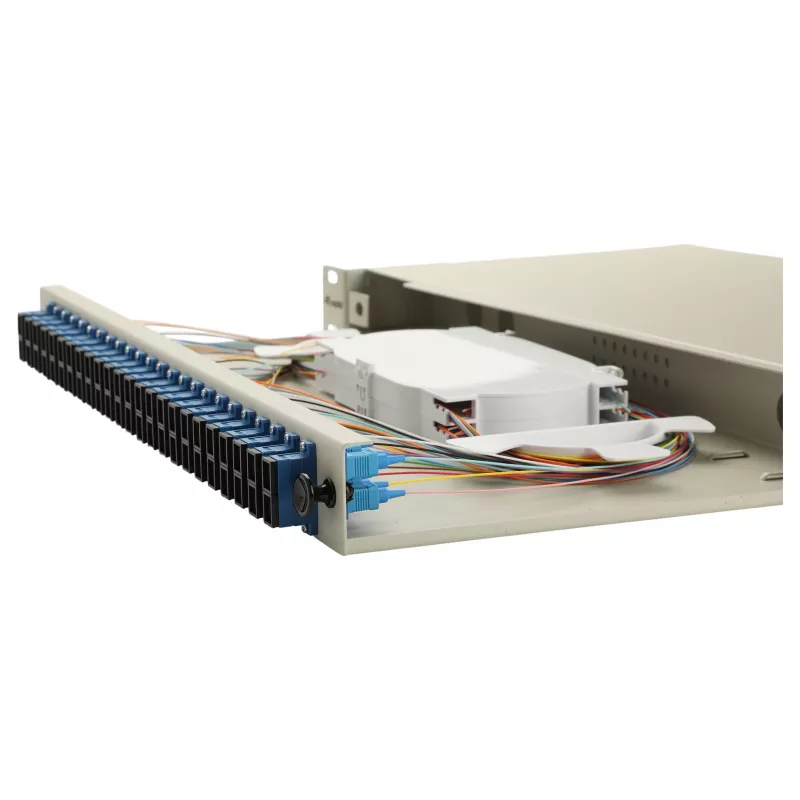 Equip caixa de fusão de fibra ótica de 24 portas, SC duplex, OS2, 1U, equipada, cinzento